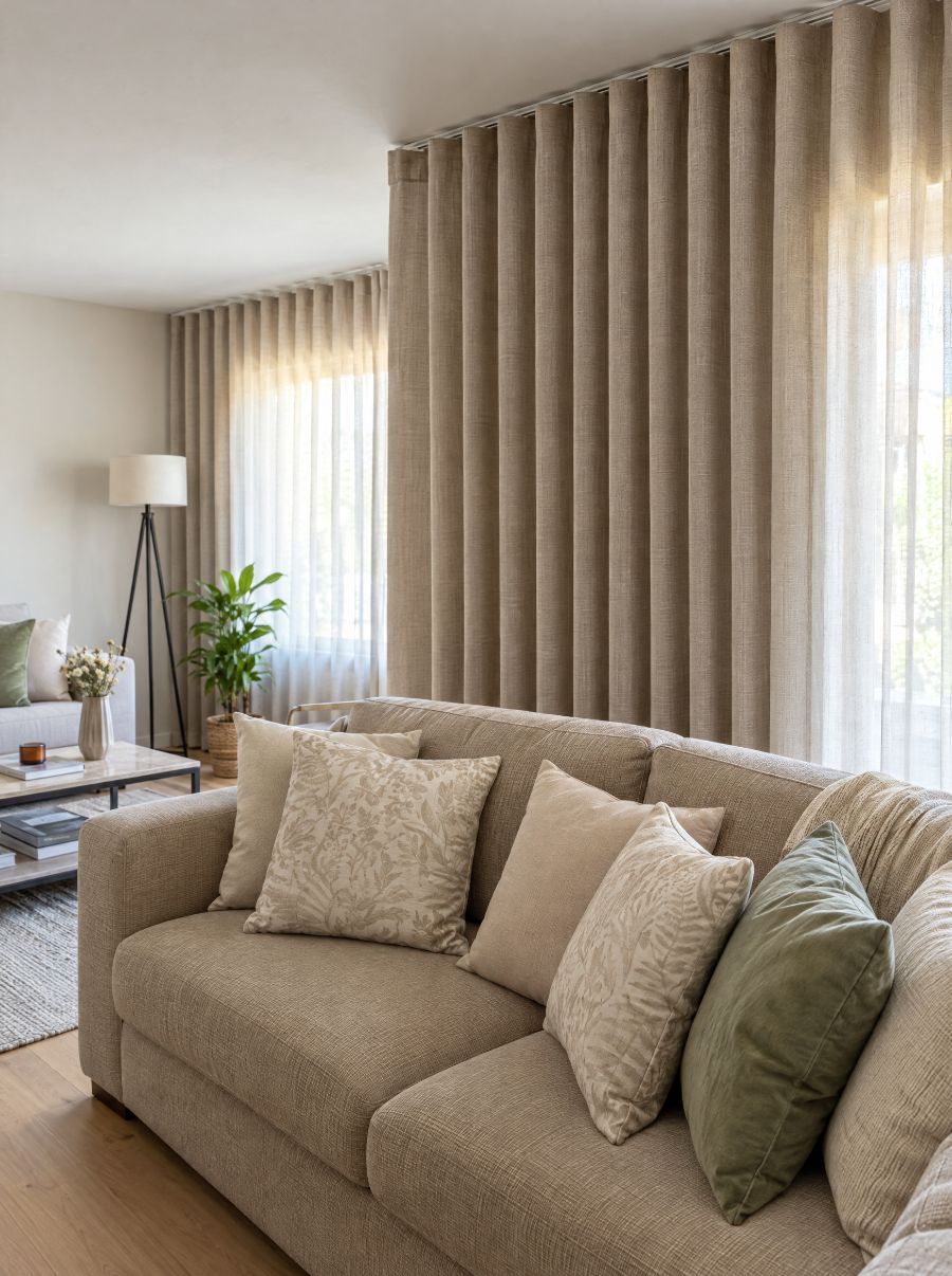 Sala com cortina wave bege do teto ao chão, sofá claro e almofadas em tons neutros