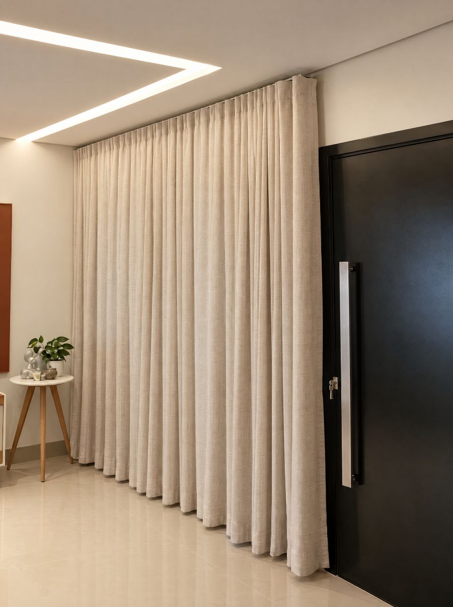 Cortina bege saindo do forro de gesso, sem trilho aparente